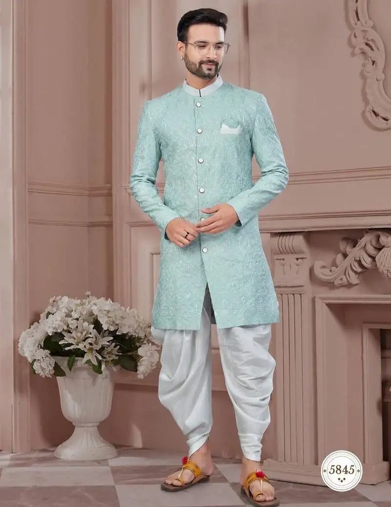 Full computer embroidery with silver thread indowestern sherwani set