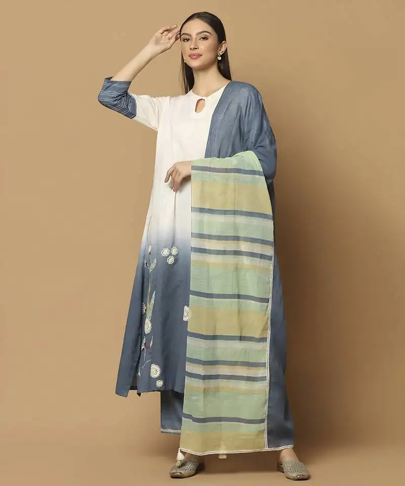Denim blue and white plain cotton kurta-set