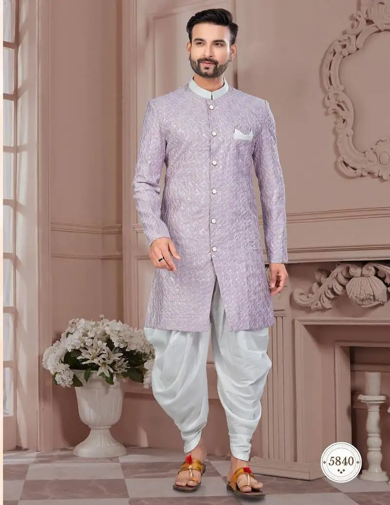 Full computer embroidery with silver thread sherwani set