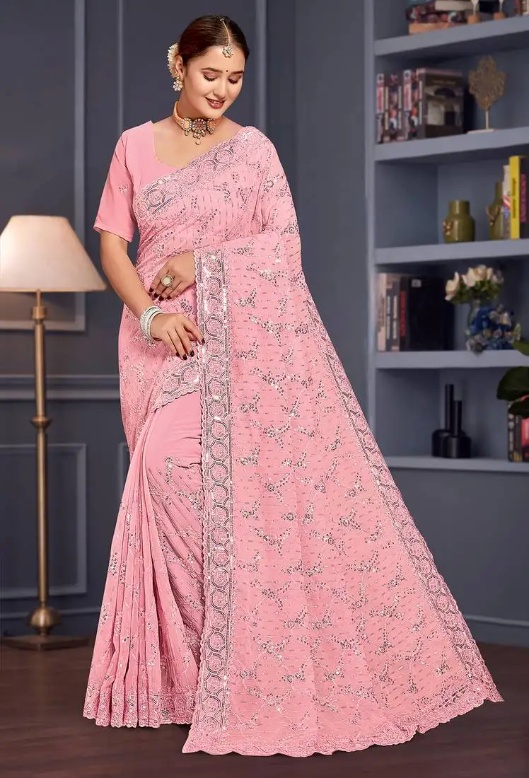 Pink sequin embroidered georgette designer saree