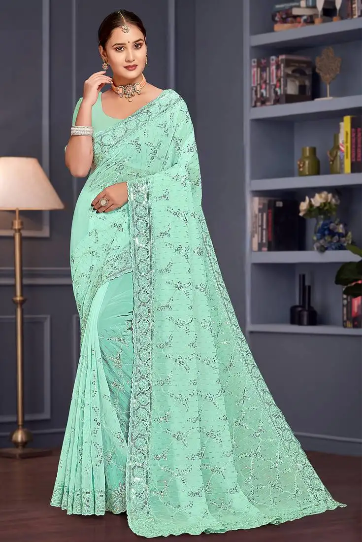 Sea green sequin embroidered georgette designer saree