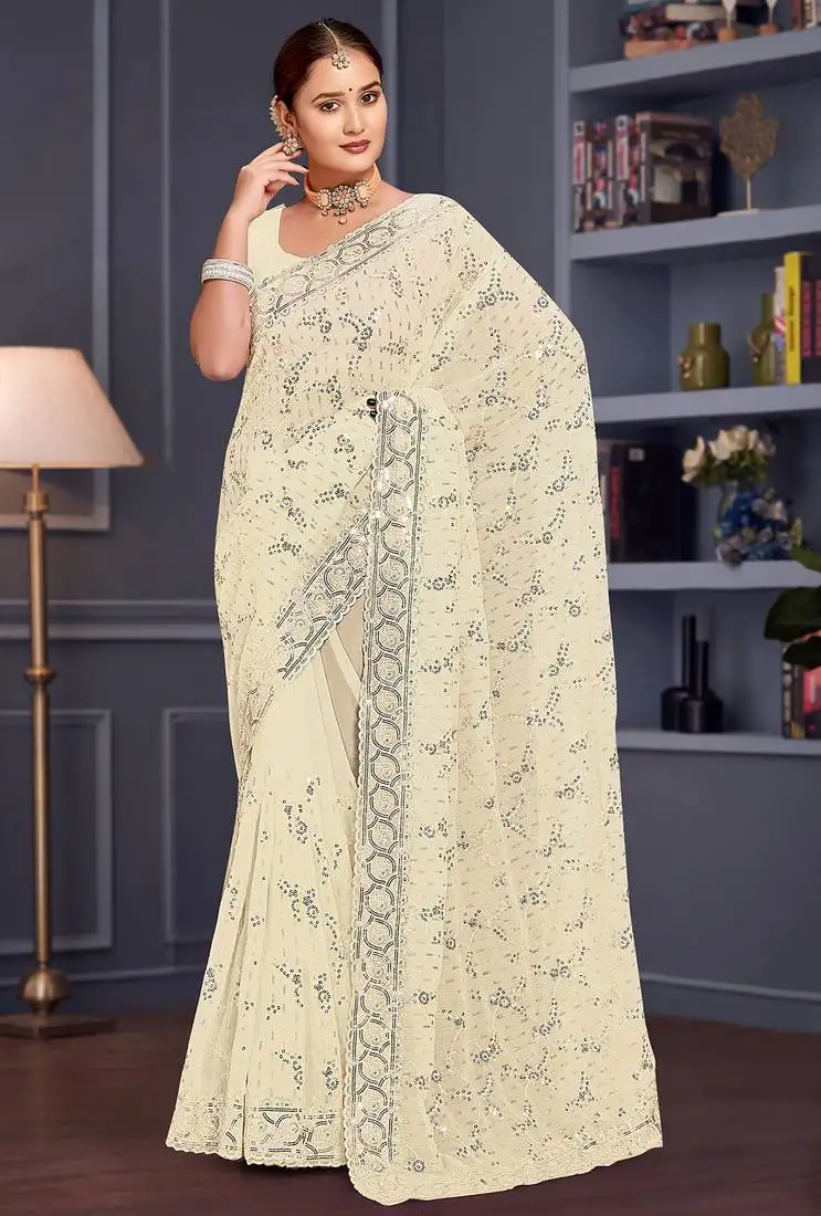 Off white sequin embroidered georgette designer saree
