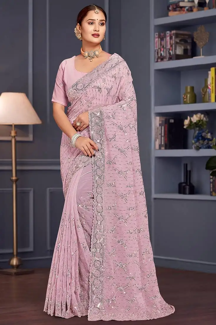 Lavender sequin embroidered georgette designer saree