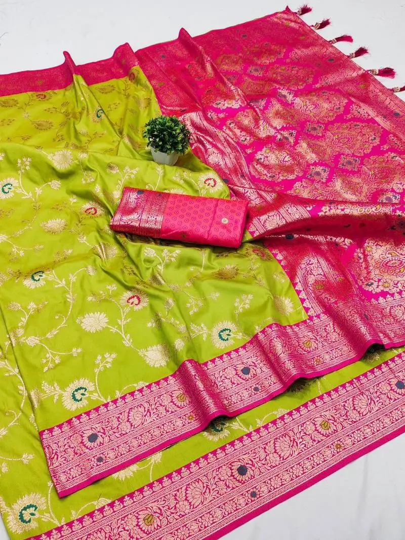 Parrot green soft silk blend saree with zari weaving meenakari design