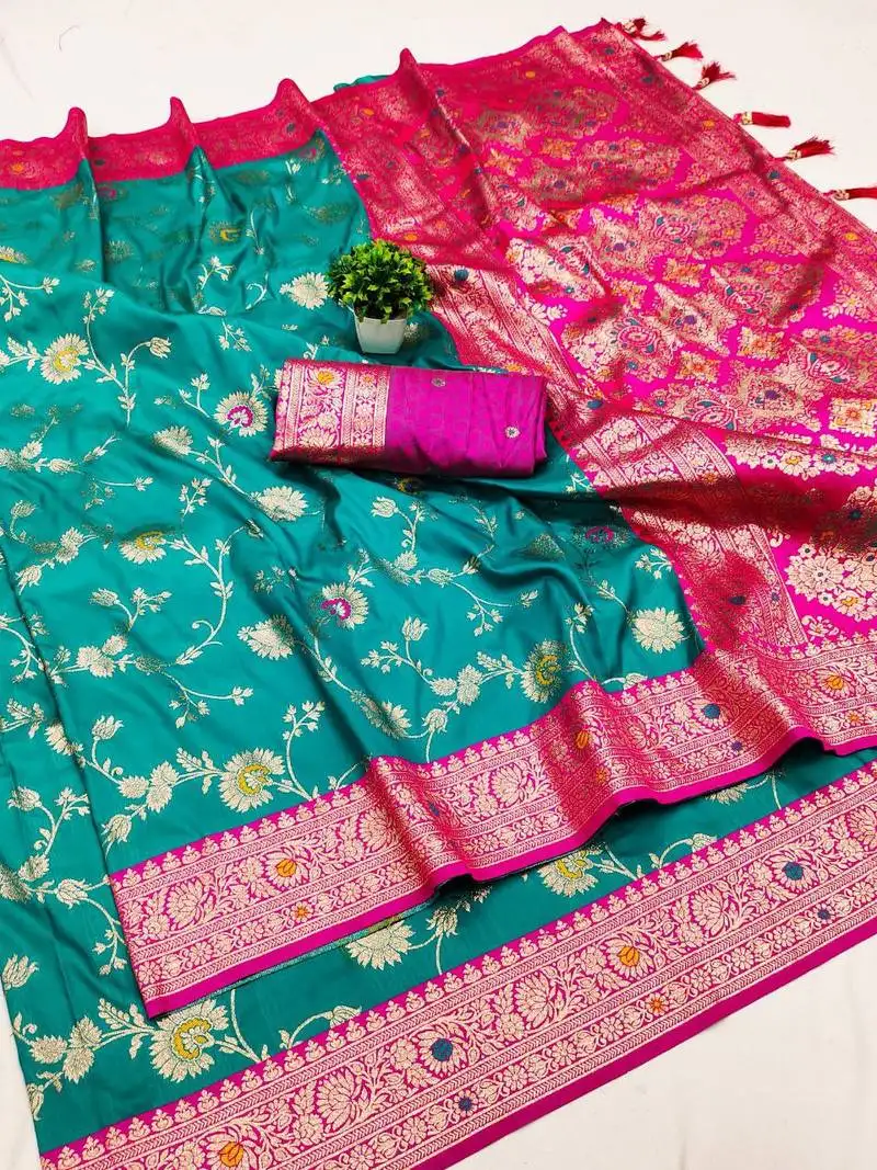 Sky soft silk blend saree with zari weaving meenakari design