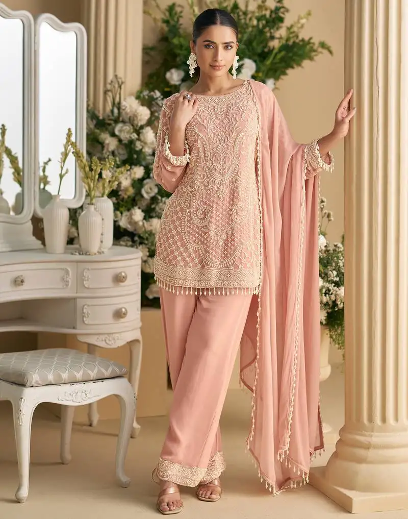 Light pink embroidery, stone & beads work georgette straight pant suit - free size stitching (size upto 42") stitched