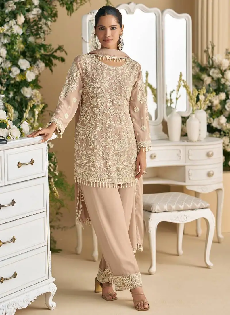Pastel mauve embroidery, stone & beads work georgette straight pant suit - free size stitching (size upto 42") stitched