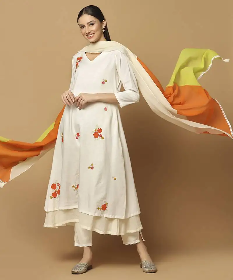 White floral embroidered cotton kurta-set