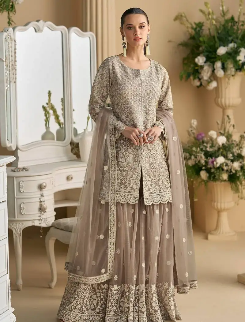 Grey embroidery, stone & beads work georgette a-line kurti sharara suit - free size stitching (size upto 42") stitched