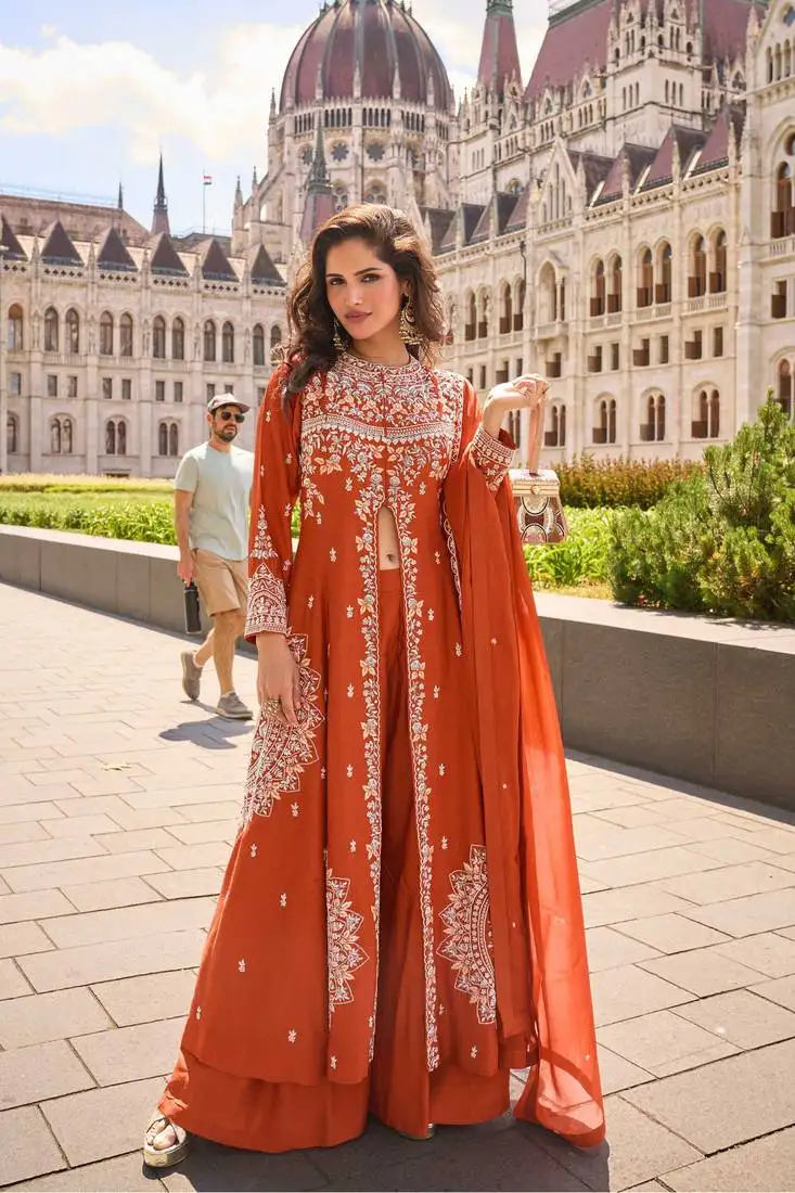 Orange embroidery stone & sequins work silk front cut anarkali palazzo suit - free size stitching (size upto 42") stitched