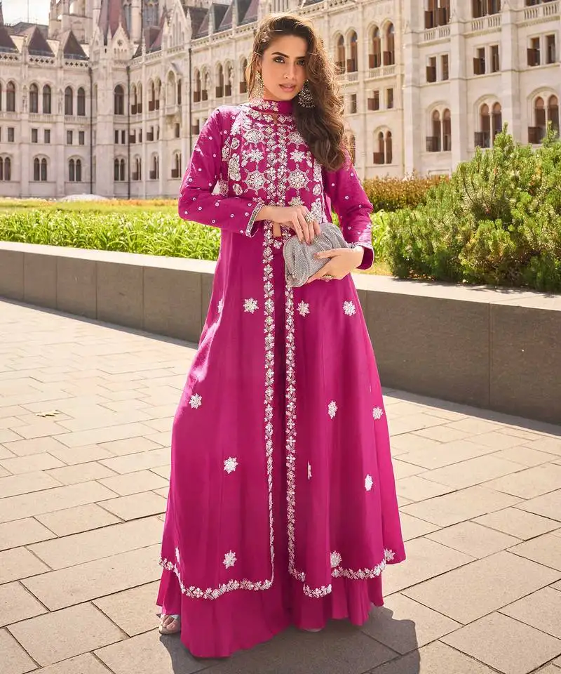 Pink embroidery stone & sequins work silk front cut anarkali palazzo suit - free size stitching (size upto 42") stitched