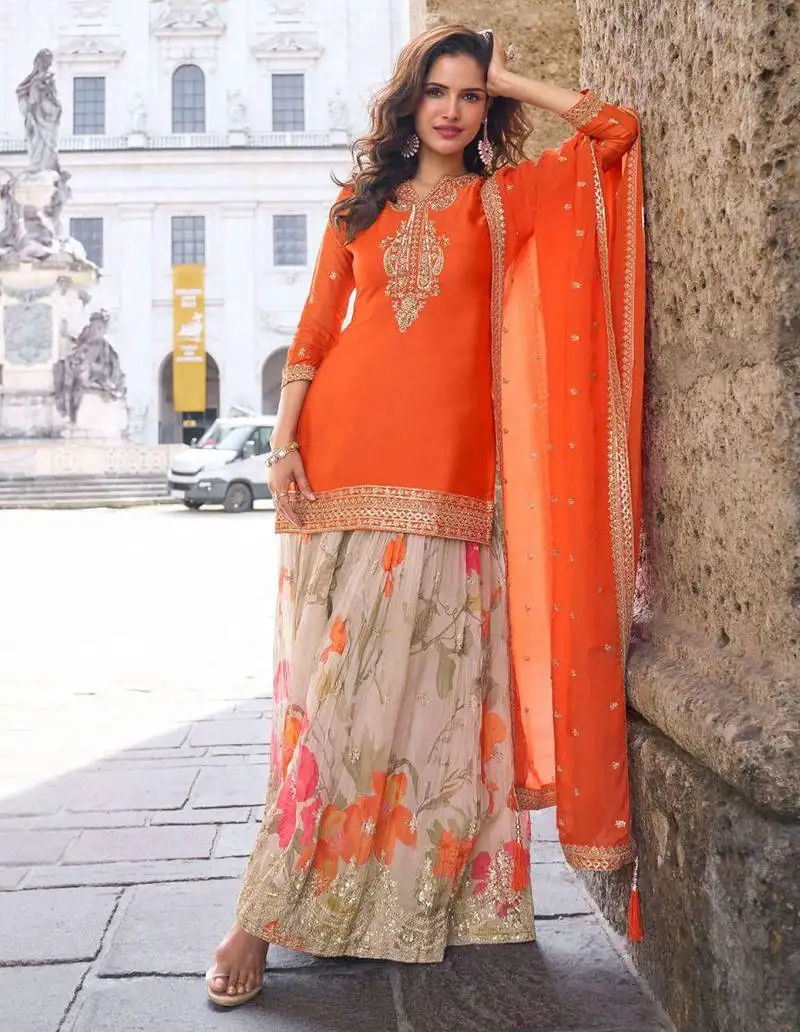 Orange embroidery, sequins work & digital printed chinnon straight palazzo suit - free size stitching (size upto 42") stitched