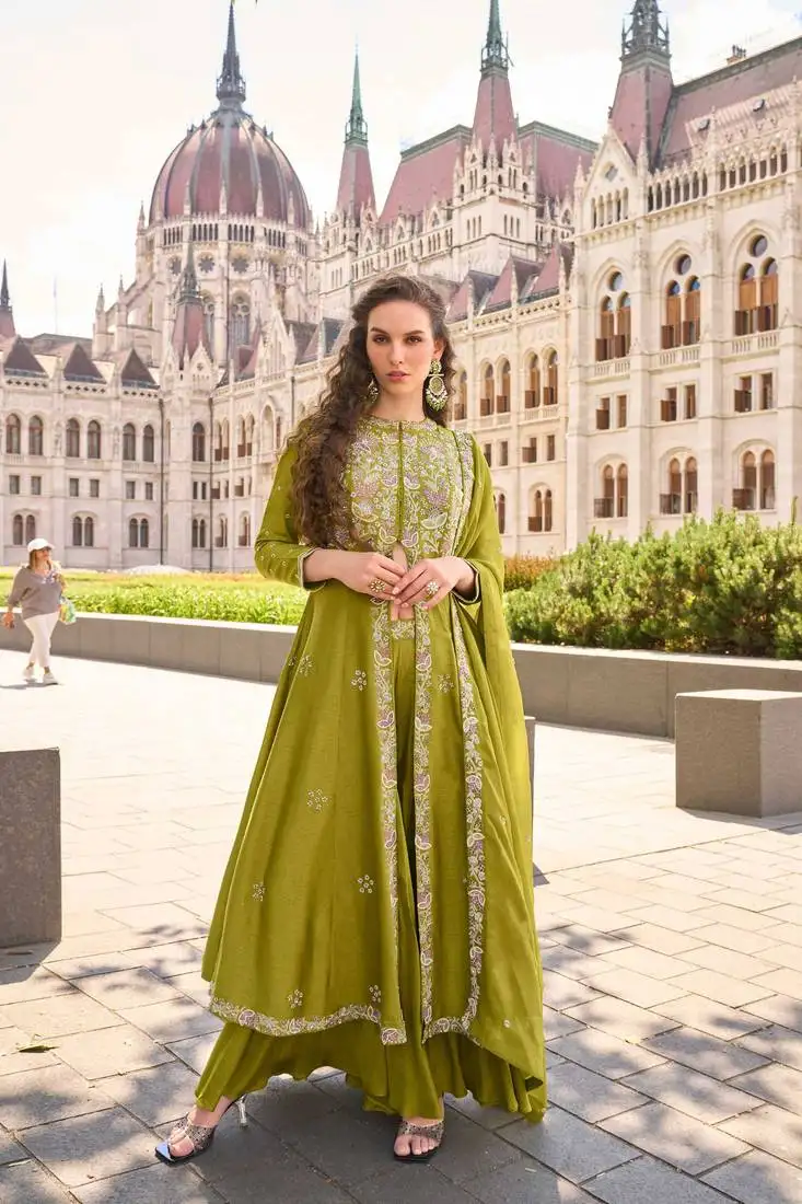 Mehendi green embroidery & sequins work silk front cut anarkali palazzo suit - free size stitching (size upto 42") stitched