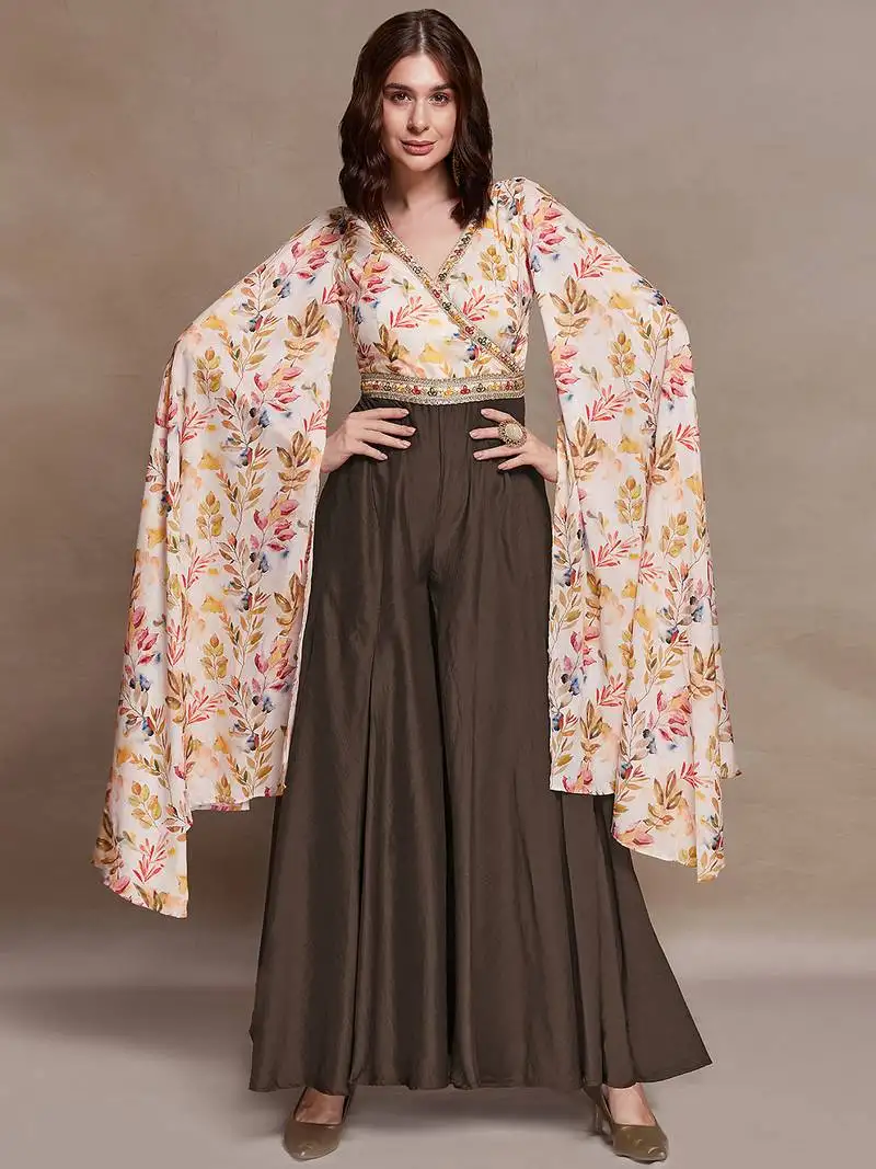 Multi-color maslin jumpsuit with flared palazzo and cape sleeves