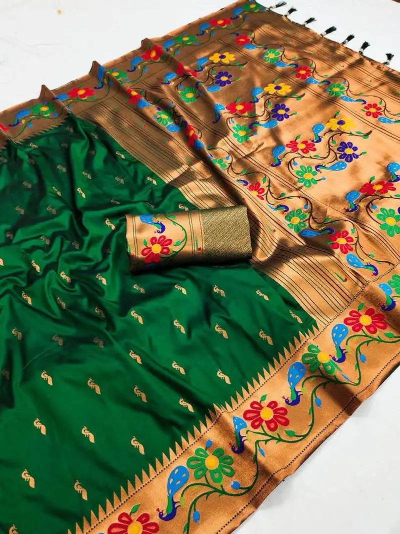 Green faux banarasi silk saree with paithani rich weaved pallu and blouse