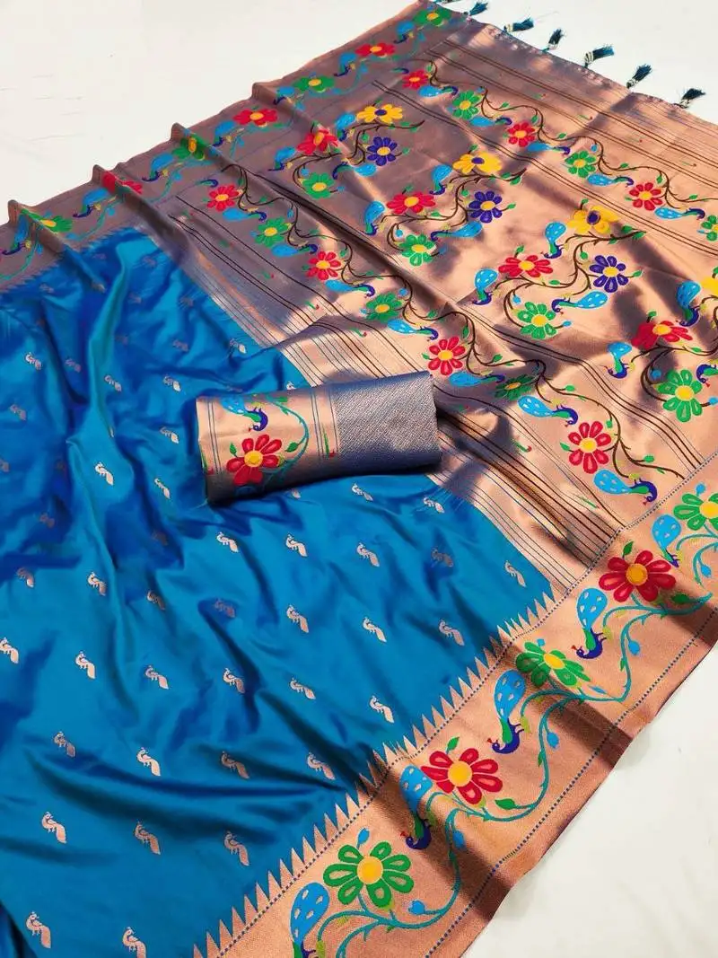 Sky blue silk blend saree with paithani weaved pallu and blouse