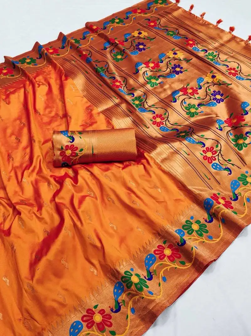 Orange silk blend saree with paithani weaved pallu and blouse