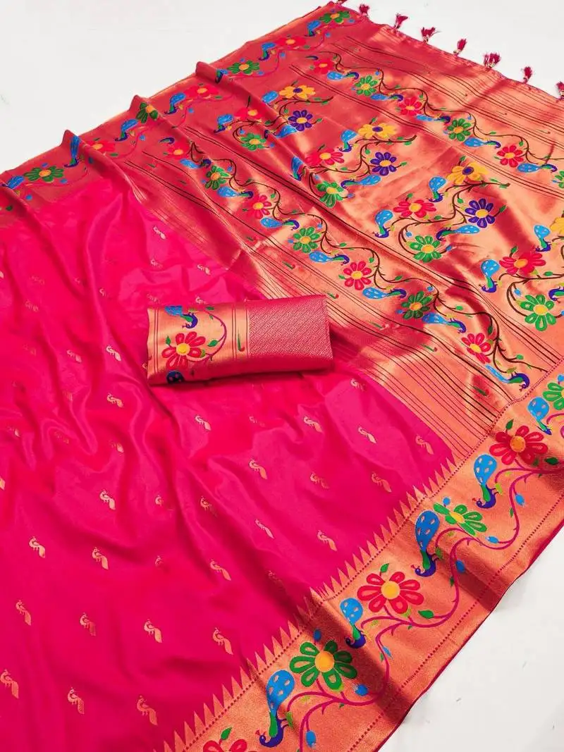 Pink green silk blend saree with paithani weaved pallu and blouse