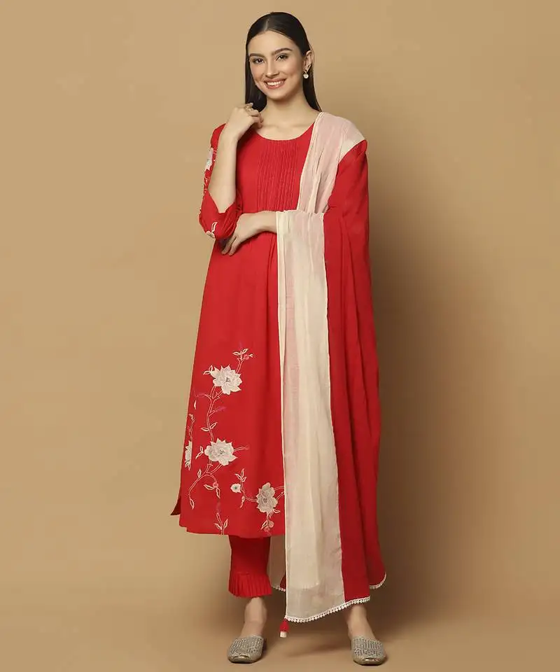 Red floral embroidered cotton kurta-set