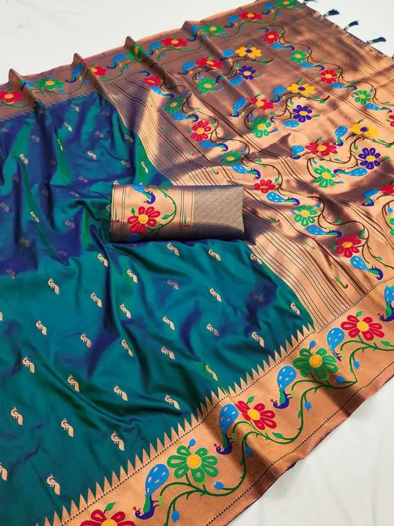 Teal blue silk blend saree with paithani weaved pallu and blouse