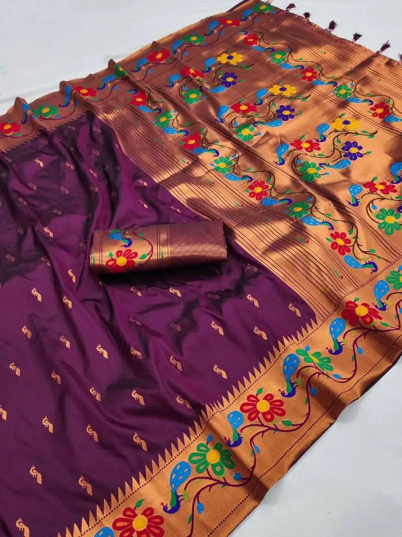 Wine silk blend saree with paithani weaved pallu and blouse