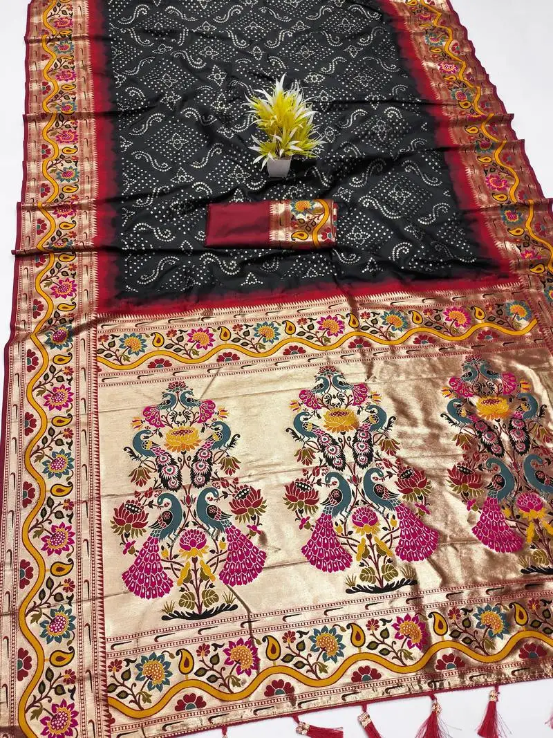 Black faux banarasi silk saree with paithani rich weaved pallu and blouse