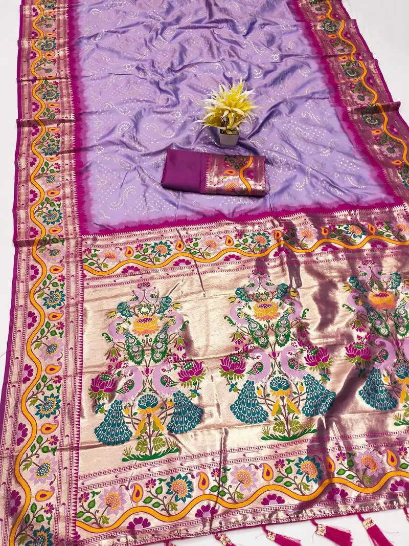 Lavender silk blend saree with paithani weaved pallu and blouse