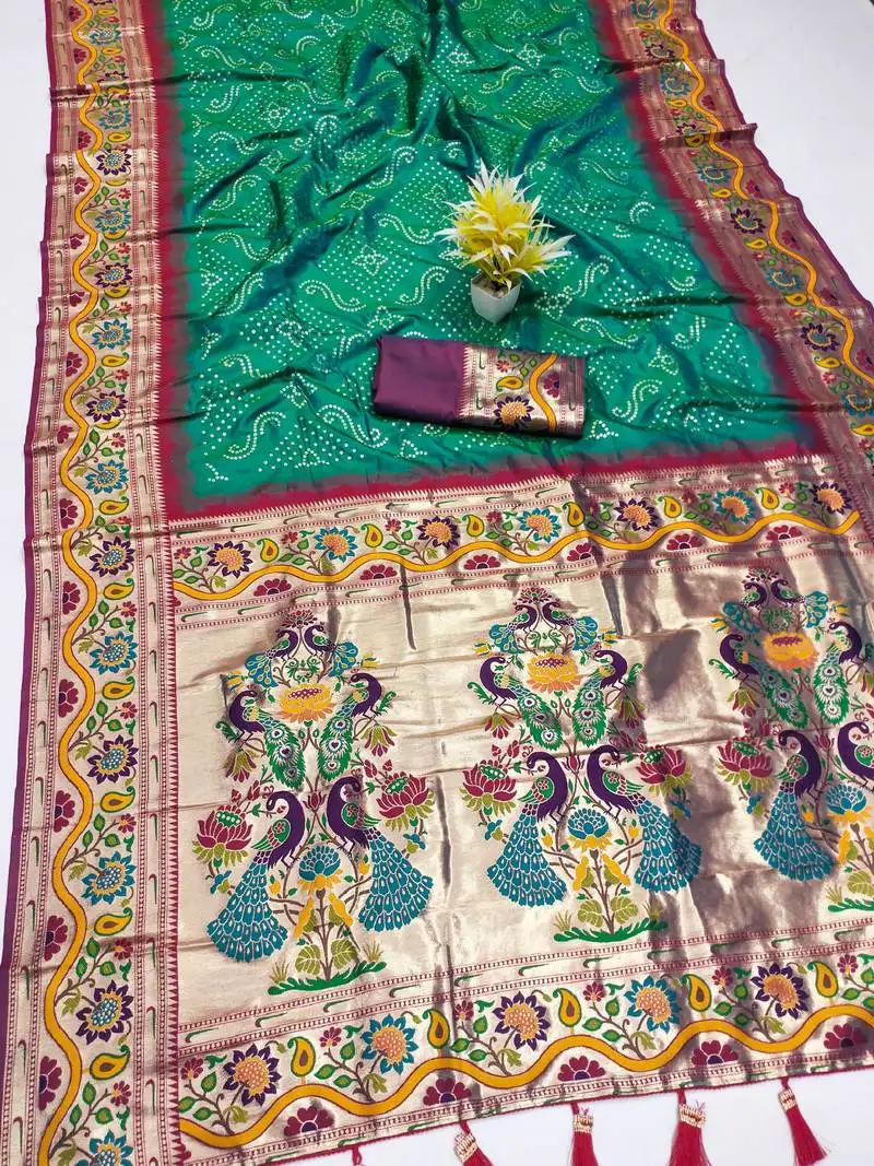 Sea green silk blend saree with paithani weaved pallu and blouse