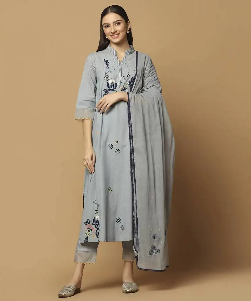 Grey floral embroidered cotton kurta-set