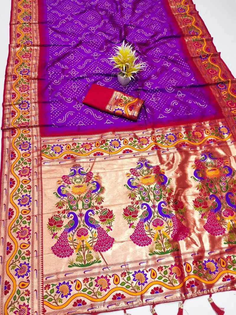 Purple silk blend saree with paithani weaved pallu and blouse