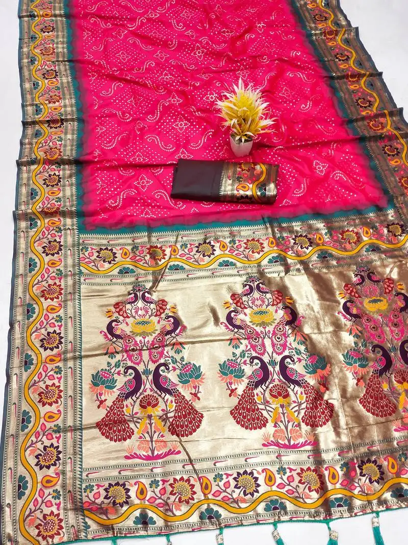 Pink silk blend saree with paithani weaved pallu and blouse