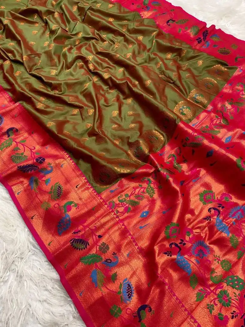 Mehendi silk blend saree with paithani weaved pallu and blouse