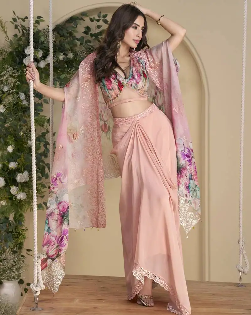 Amulya salmon multicolor embroidered silk long dresses