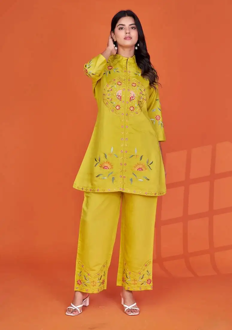Darika canary yellow embroidered viscose rayon co ord sets