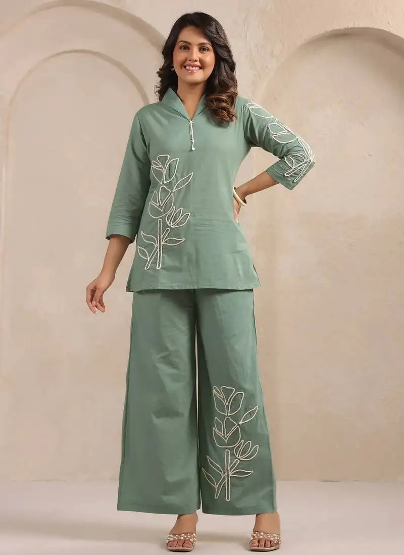 Sylvie fern green embroidered cotton co ord sets