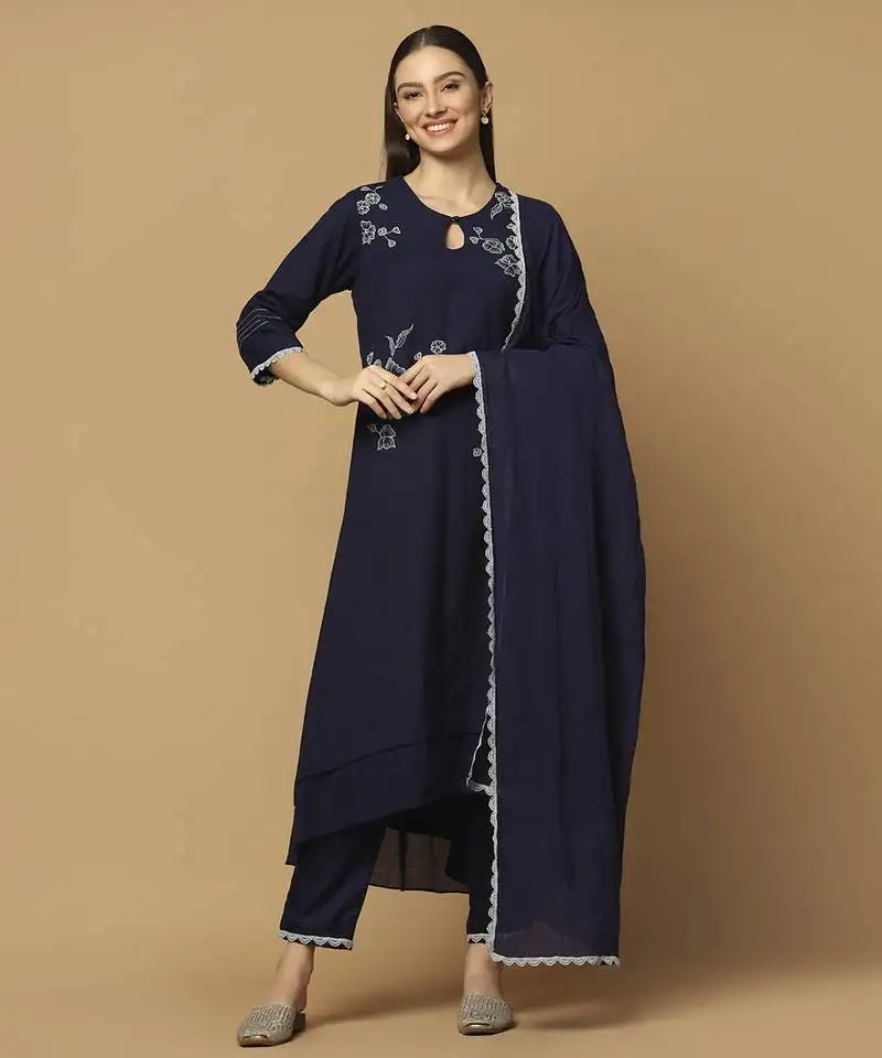 Navy blue floral embroidered cotton kurta-set