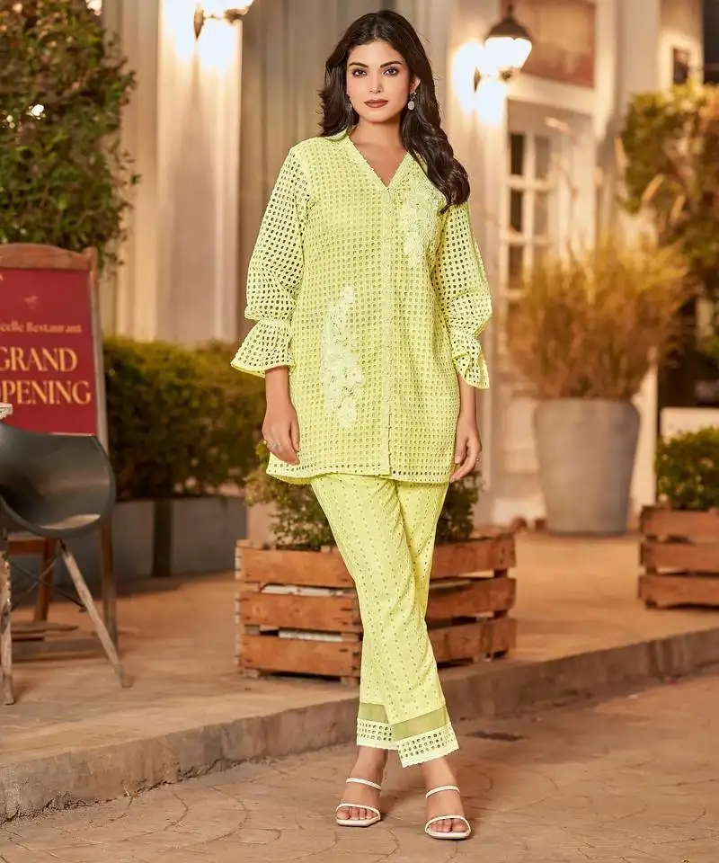 Iyana mellow yellow embroidered cotton co ord sets