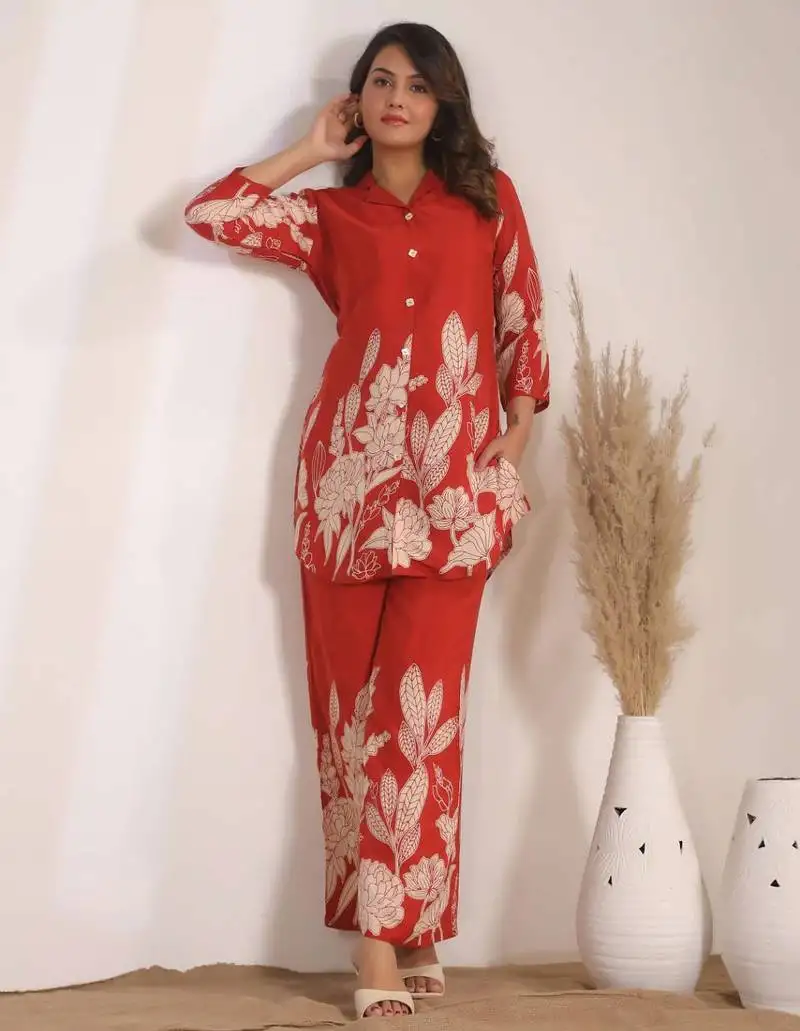 Sylvie scarlet red printed blended cotton co ord sets