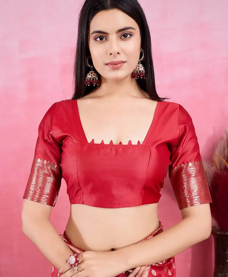 Red zari weaving motifs saree with woven pallu