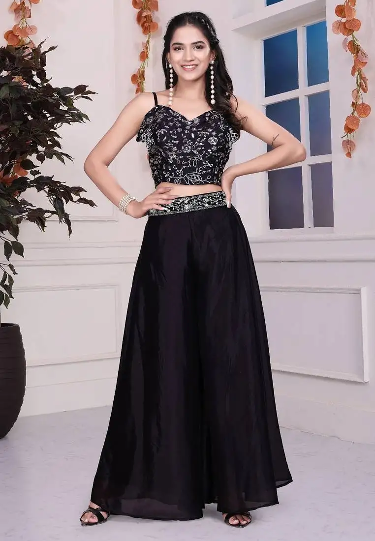 Black indowestern crop top plazzo stitched