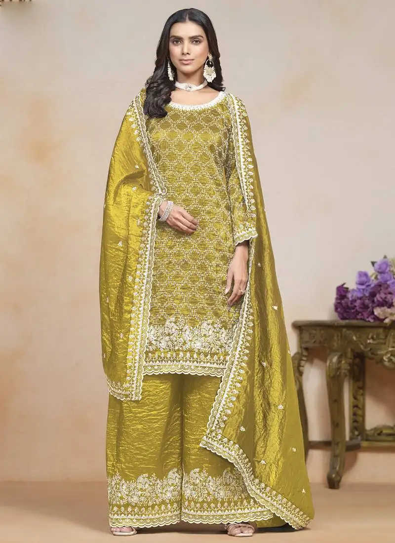 Yellow silk embroidered designer palazzo suit semi stitched