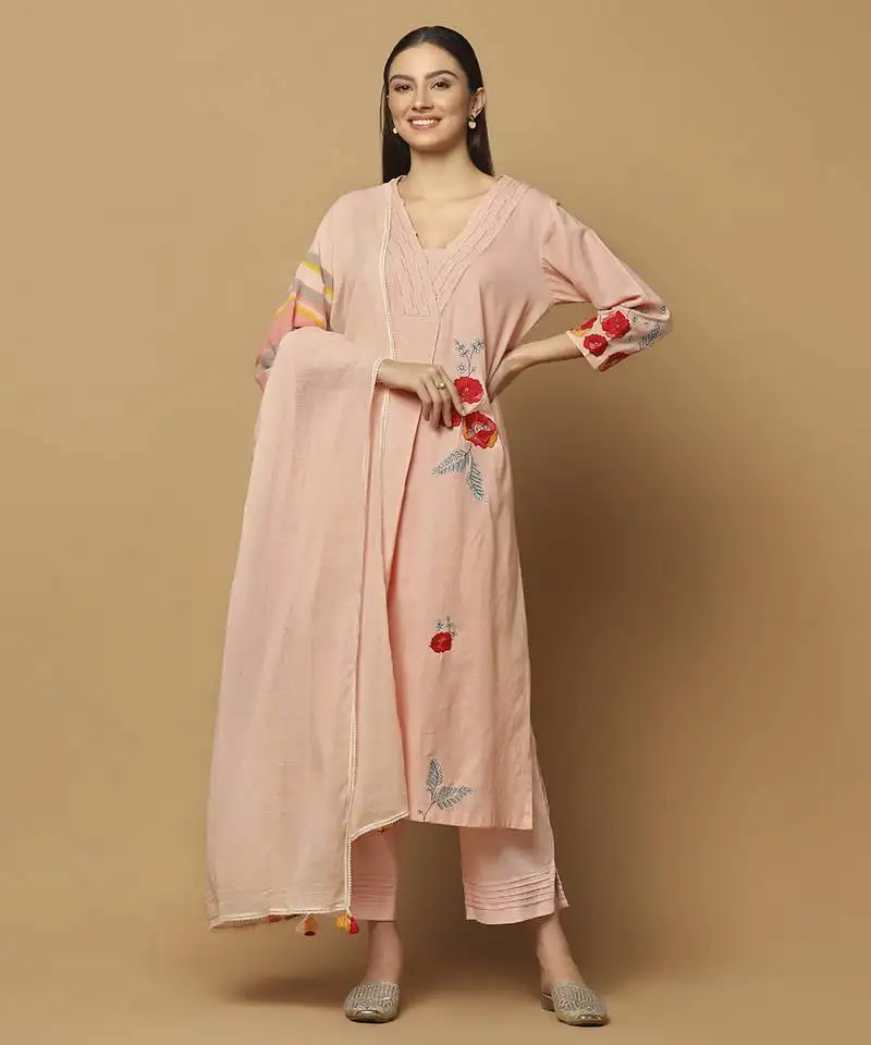 Peach floral embroidered cotton kurta-set