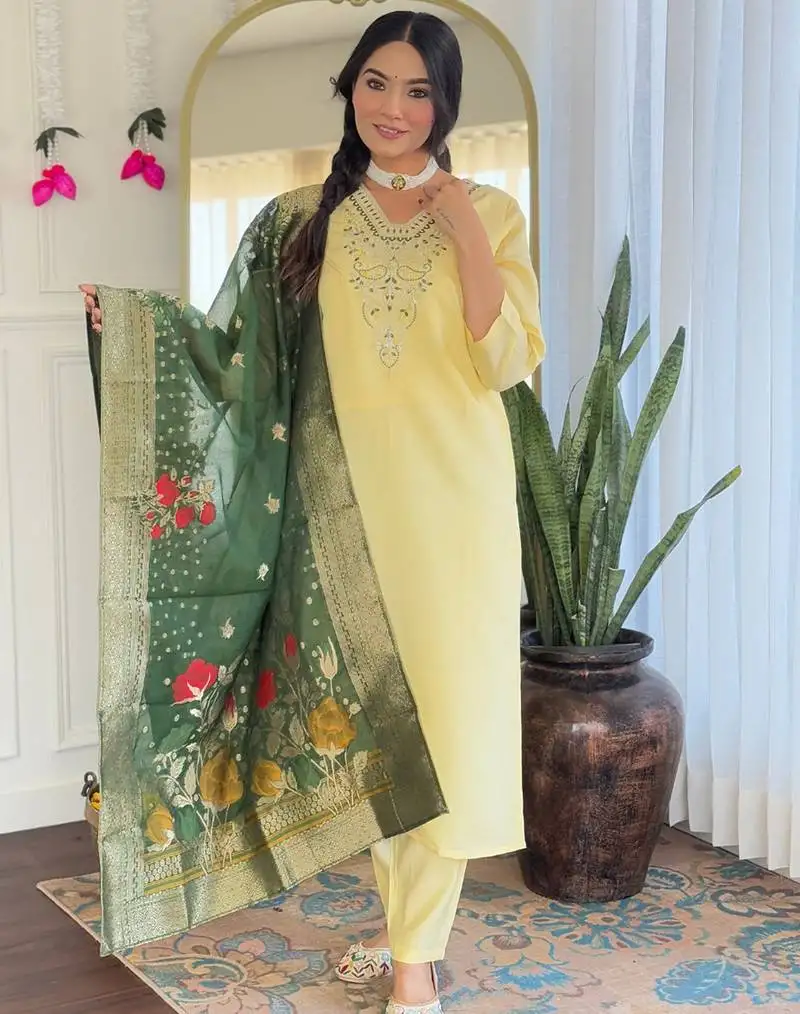 Yellow viscose chanderi heavy thread embroidery work with jacquard printed dupatta kurta pant set