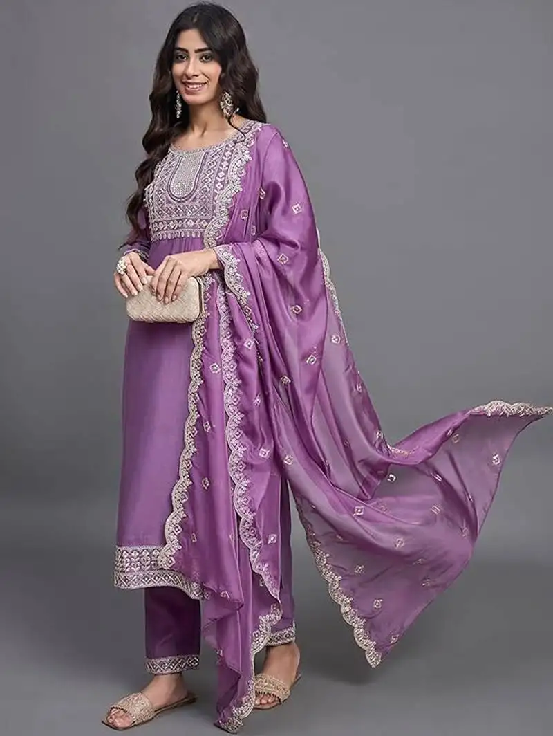 Purple chinon viscose heavy thread embroidery with sequins work kurta pant set