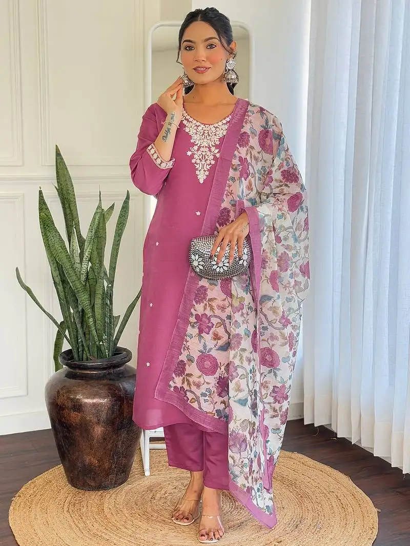 Dark pink viscose chanderi heavy thread embroidery work with printed dupatta kurta pant set