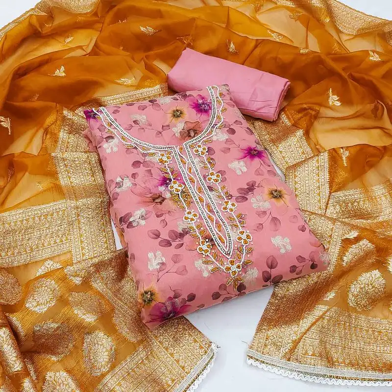 Women's pink modal chanderi hand work unstitched dress material