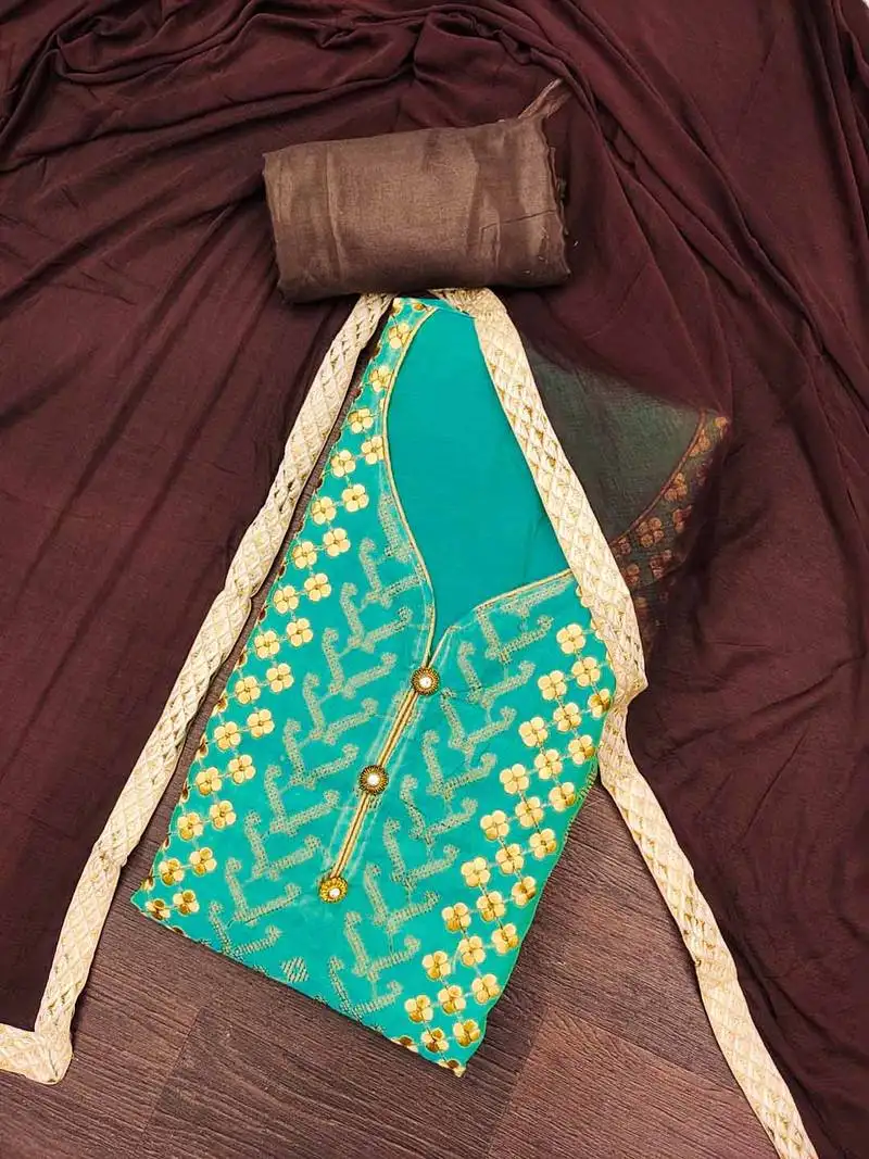 Women's sea green modal chanderi embroidered unstitched dress material