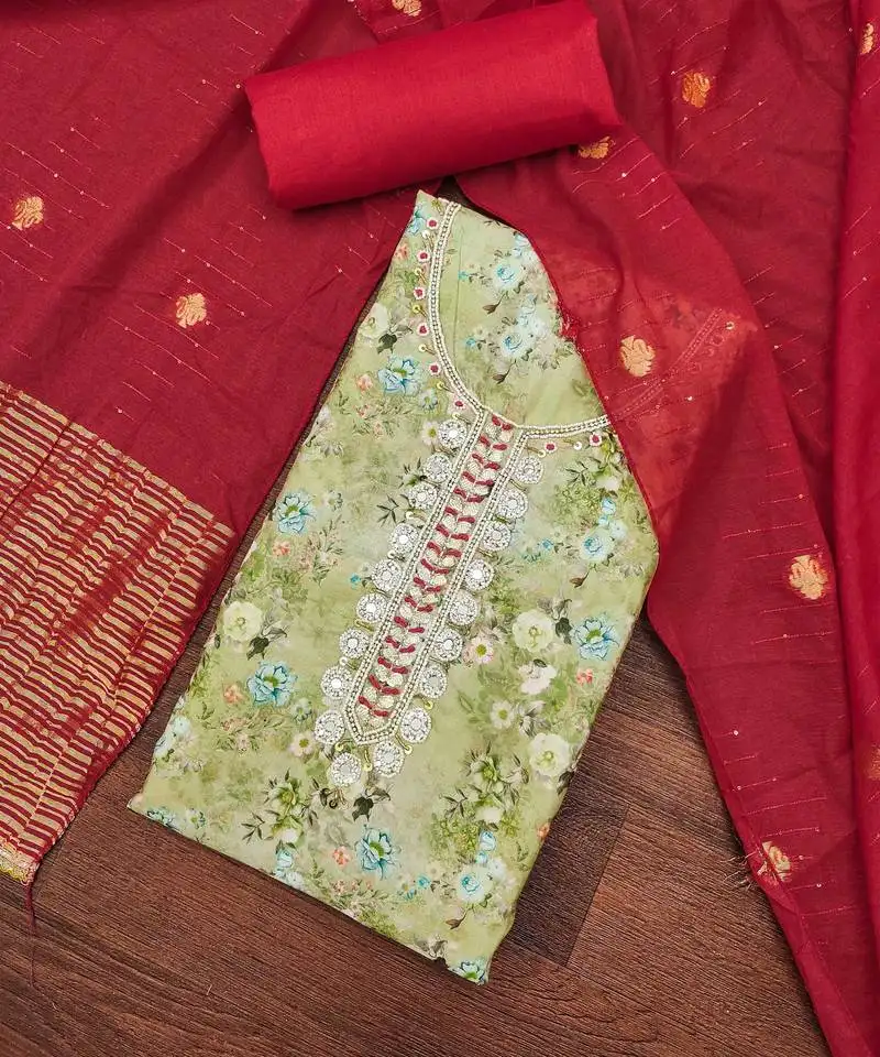 Women's olive banarasi cotton digital print & hand work unstitched dress material