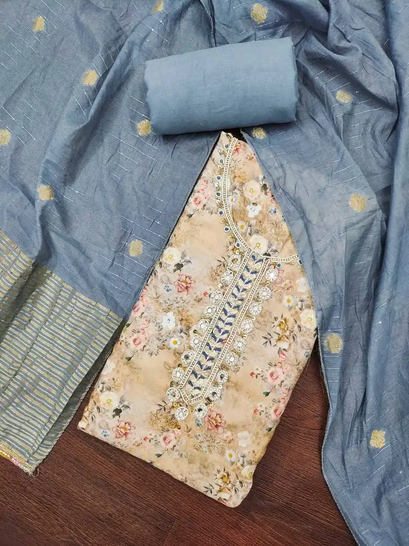 Women's beige banarasi cotton digital print & hand work unstitched dress material