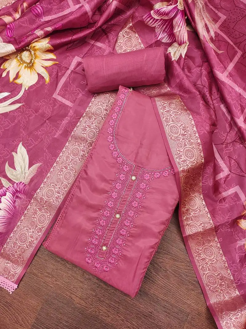 Women's wine organza embroidered handwork unstitched dress material